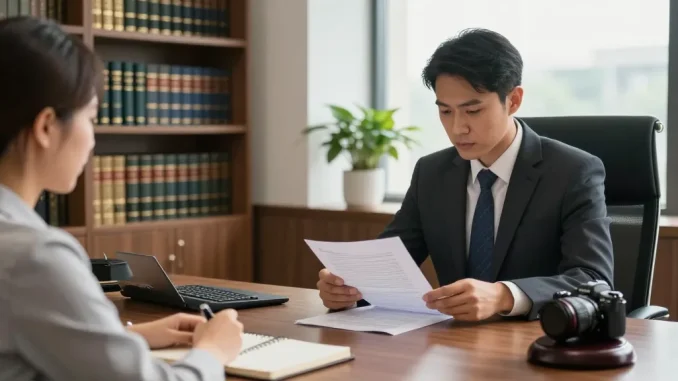 Law consultation with attorney reviewing documents and client listening at a desk in a modern office, highlighting site web for legal services.