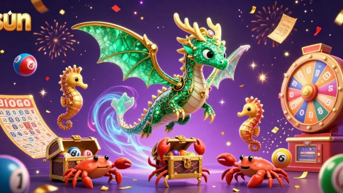Join the sun gaming experience with a vibrant illustration of a sea dragon and dynamic lottery elements.
