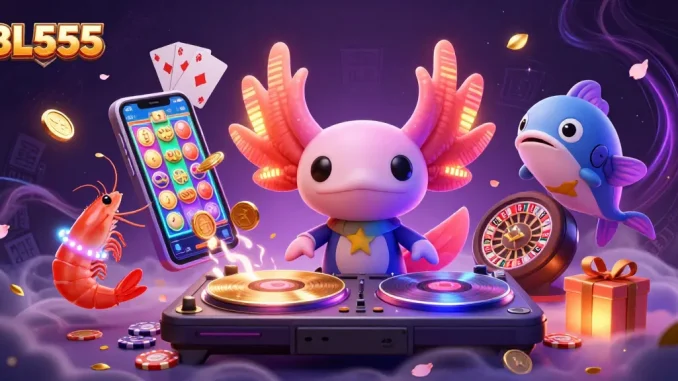 Experience BL555 with a vibrant underwater casino scene featuring an axolotl DJ and energetic characters.